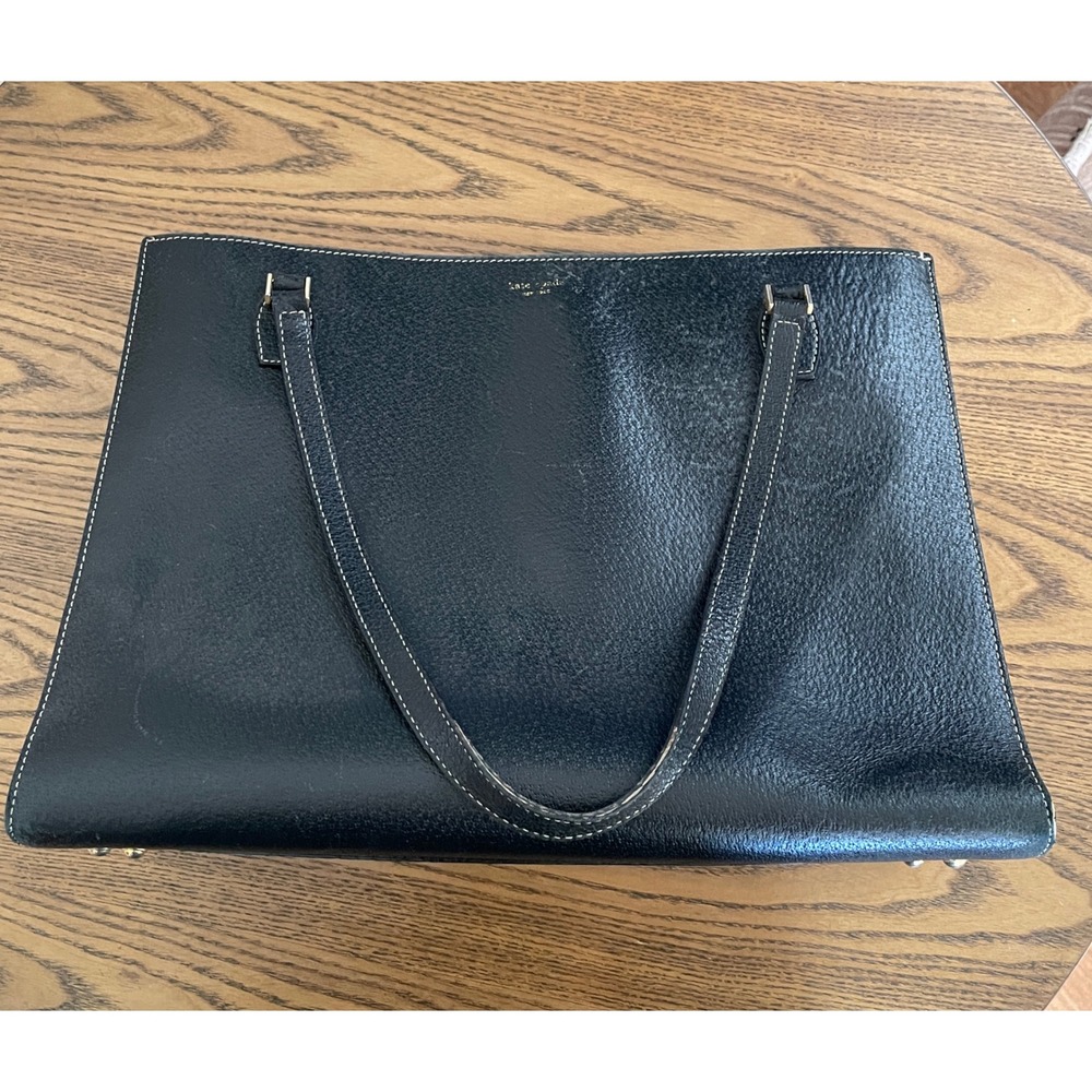 Kate Spade Black Pebbled Leather Tote Bag Made in Italy White Stitching 11232